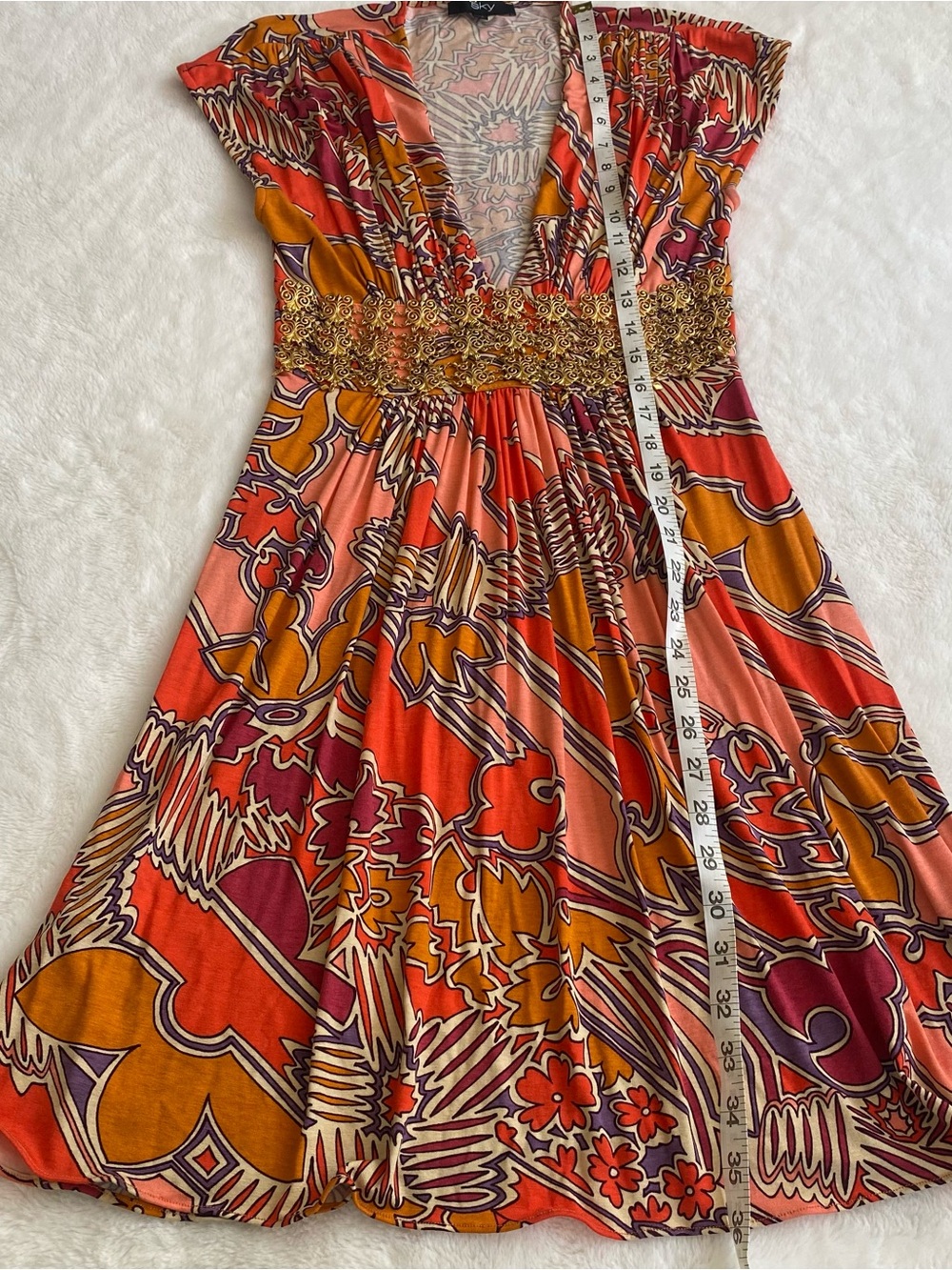 Vintage Y2K Sky Brand orange print short sleeve mini dress gold metal detail M - Picture 5 of 8